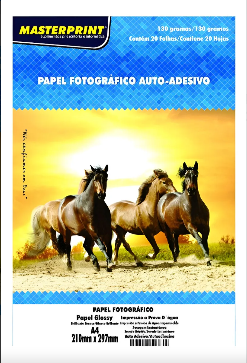 PAPEL FOTOGRAFICO A4 BRANCO BRILHO AUTO ADESIVO MASTERPRINT 130G 20FLS HORSE