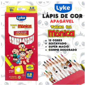 LAPIS DE COR SEXTAVADO APAGAVEL 12 CORES TURMA DA MONICA LYKE KIDS
