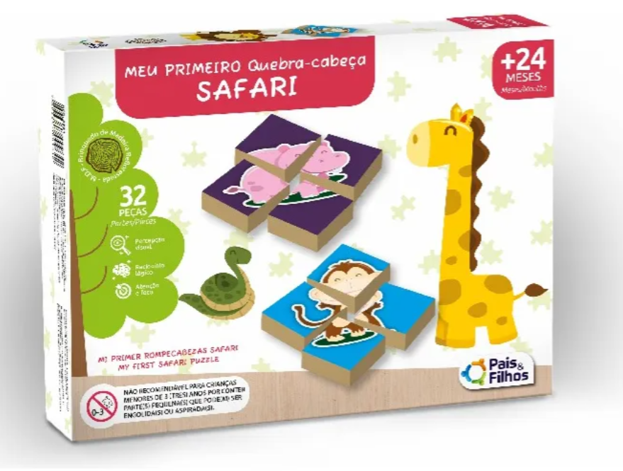 BRINQUEDO EDUCATIVO MEU PRIMEIRO QUEBRA CABEÇA SAFARI 32 PEÇAS PAIS E FILHOS