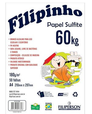 PAPEL A4 60KG 180G SULFITE FILIPINHO 50 FLS