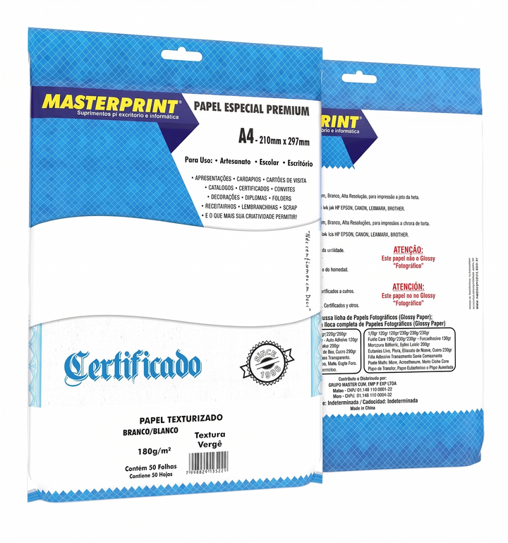 PAPEL A4 TEXTURA VERGE 180G MASTERPRINT 50 FLS