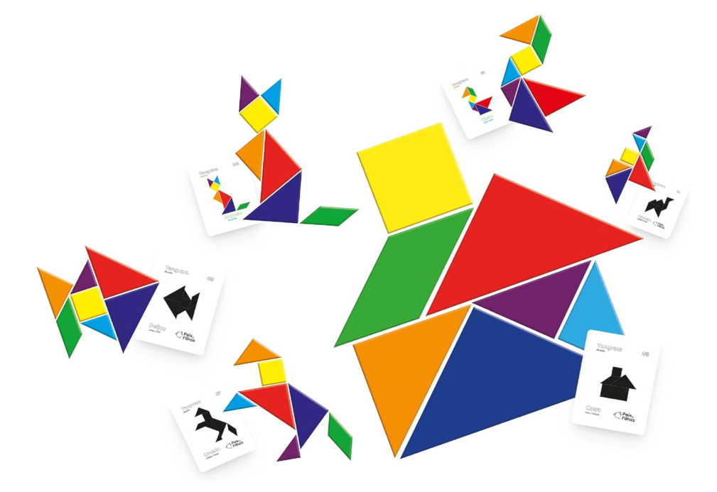 JOGO DIDATICO RACIOCINIO LOGICO TANGRAM 07 PEÇAS 41 CARTAS PAIS E FILHOS