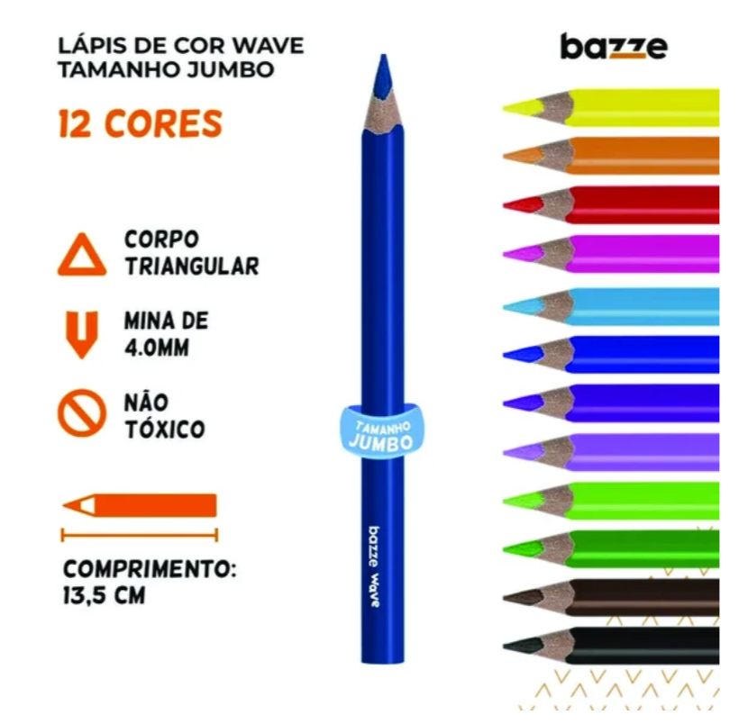  LAPIS COR JUMBO TRIANGULAR 12 CORES WAVE BAZZE 910172