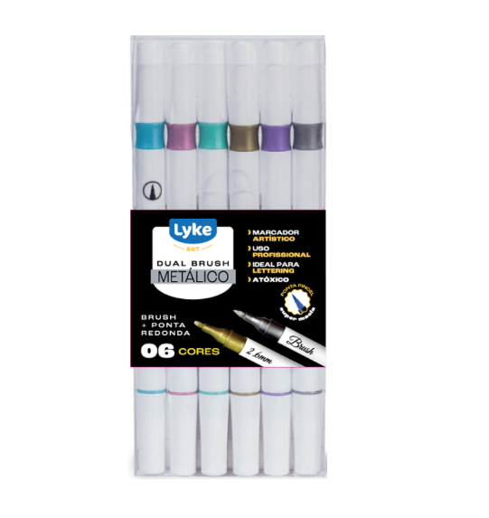 MARCADOR DUAL BRUSH METALICO 6 CORES LYKE
