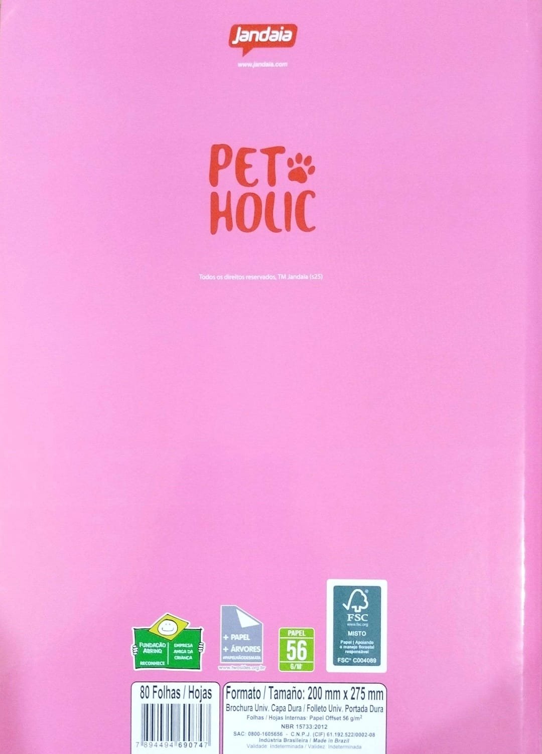 CADERNO BROCHURA GRANDE PET HOLIC JANDAIA 80 FLS