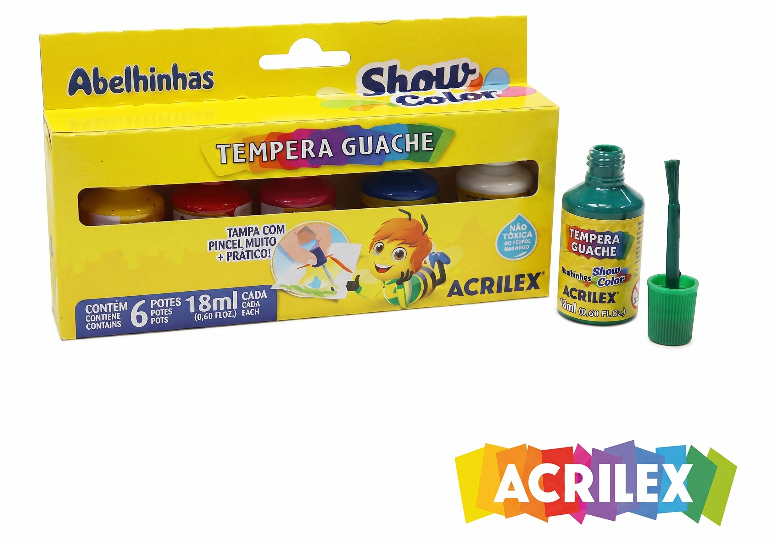 TINTA TEMPERA GUACHE 6 CORES 18ML COM PINCEL ACRILEX 86613