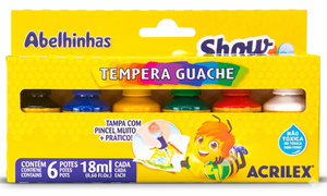 TINTA TEMPERA GUACHE 6 CORES 18ML COM PINCEL ACRILEX 86613