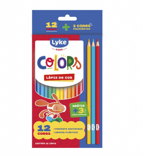 KIT ESCOLAR LAPIS DE COR 12 CORES MAIS 3 CORES COLORS LYKE