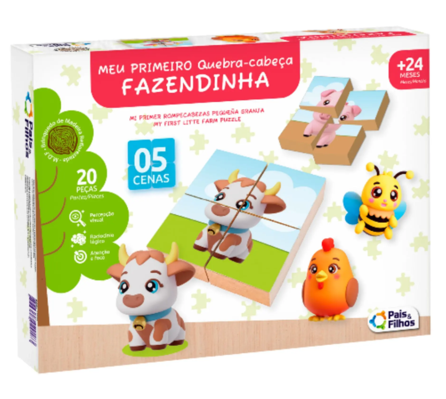 BRINQUEDO EDUCATIVO MEU PIRMEIRO QUEBRA CABEÇA FAZENDINHA 20 PEÇAS PAIS E FILHOS