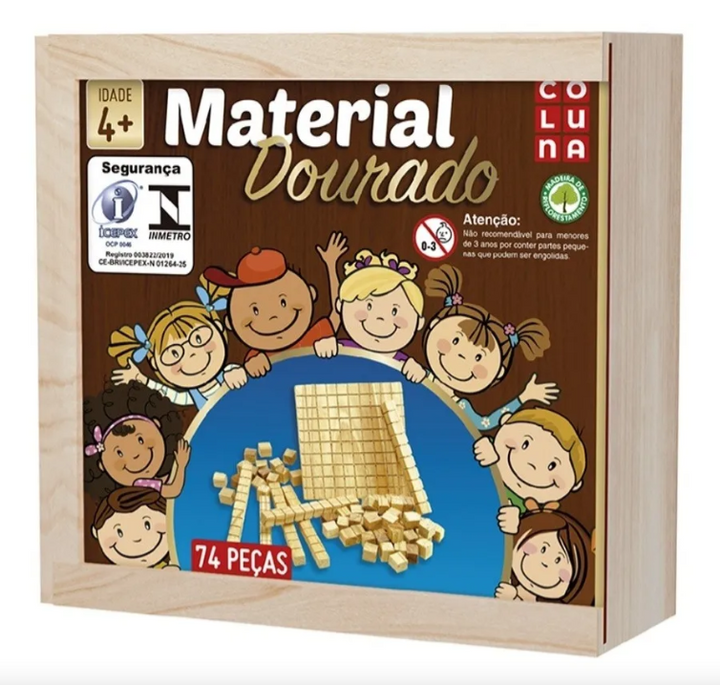 BRINQUEDO EDUCATIVO MATERIAL DOURADO 74 PEÇAS CAIXA MADEIRA COLUNA