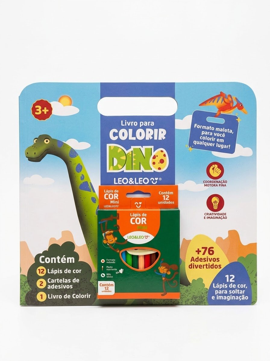 LIVRO COLORIR DINO COM CARTELA ADESIVOS E MINI LAPIS COR 12 UND LEO E LEO